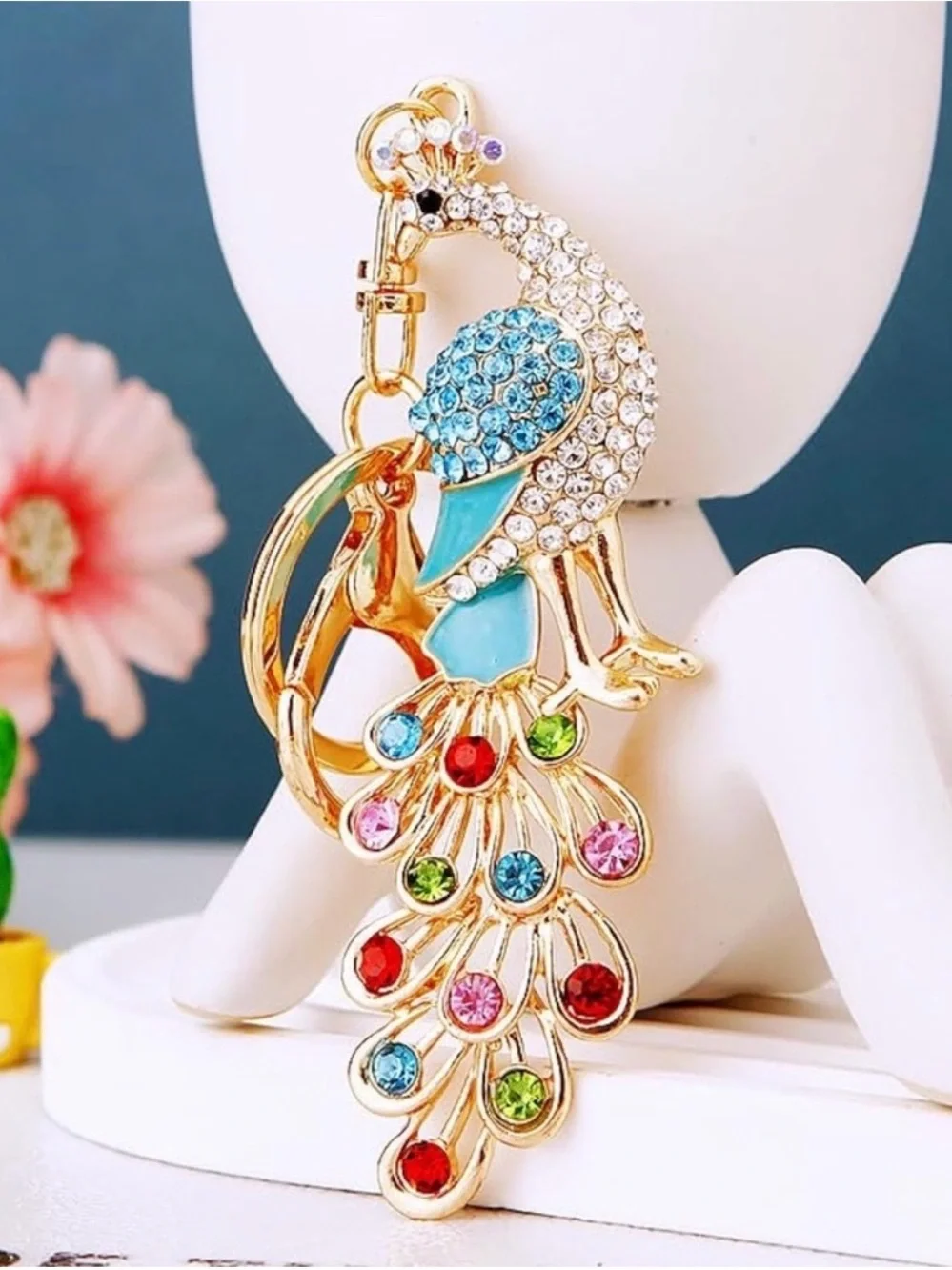 Gold-Tone Multicolor Crystal Peacock Pendant Keychain/Bag Charm • Pink or Blue